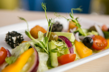 Fresh vegetable salad: cucumber, bell pepper, red onion, lettuce, green and black olives in daylight