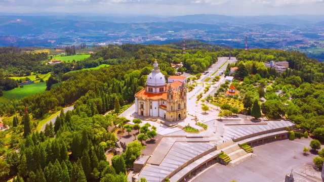 Braga, Portugal. Aerial view of Sameiro Sanctuary in Braga, Portugal during the sunny day. Panning time-lapse of popular landark with nature around it