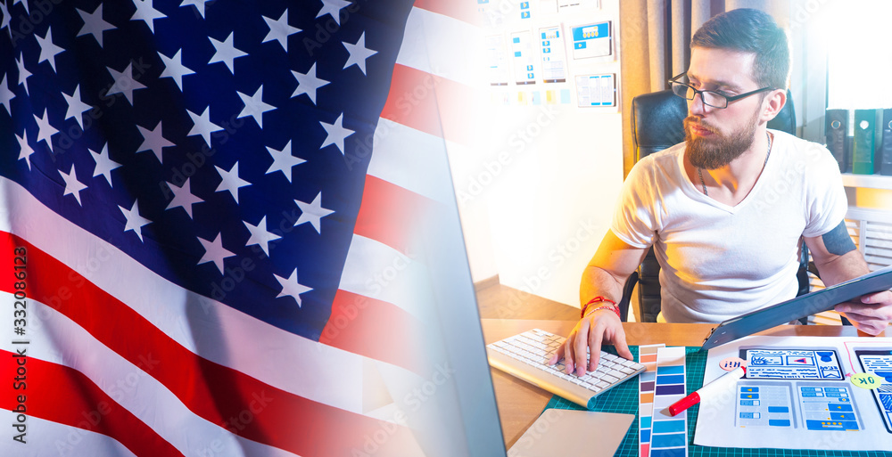 Poster mobile app developer on the background of the american flag. website development for an american com