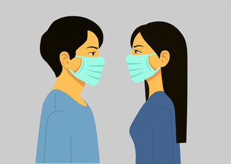 Obraz na płótnie Canvas Man and Woman in medical face protection mask. Illustration for concepts of disease, sickness, allergies, pollution, coronavirus. Vector illustration flat design. Isolated.