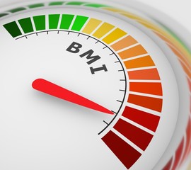 Body mass index meter read high level result. Color scale with arrow from green to red. The measuring device icon. Colorful infographic gauge element. 3D rendering