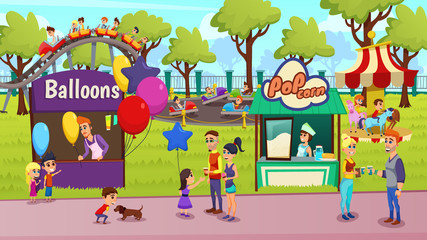 Happy People, Tourists, Children with Families, Riding Roller Coaster and Carrousel, Buying Balloons and Pop Corn in Kiosks, Resting and Having Fun in City Amusement Park Cartoon Vector Illustration