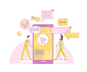 Mobile marketing thin line concept vector illustration. Customers 2D cartoon characters for web design. Internet advertising business, online shopping technology, sale promotion creative idea