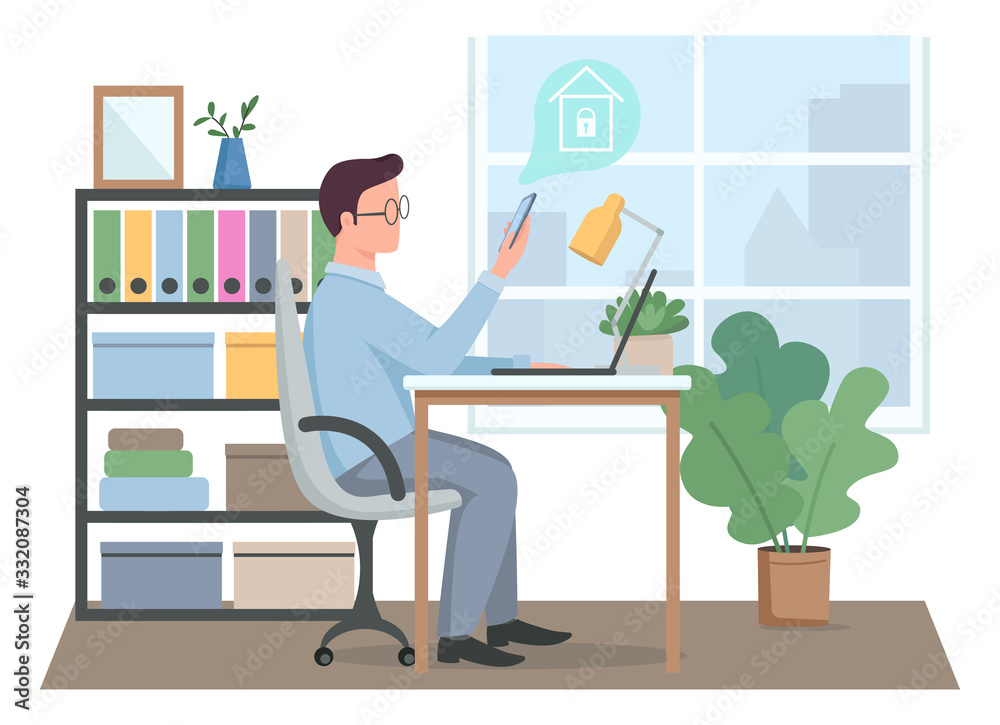 Poster guy controlling smart home security at work flat color vector faceless character. man using remote s