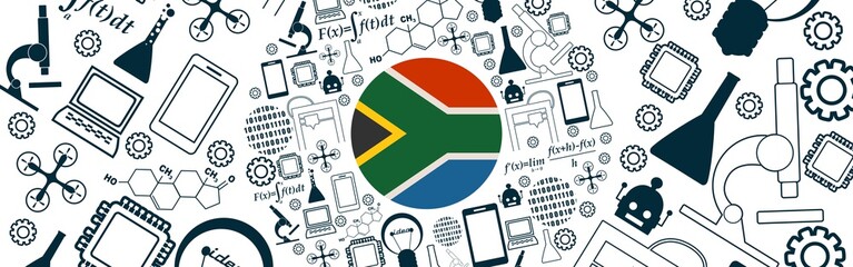 Innovation and technology concept. Circle frame with thin line icons. Flag of the South Africa