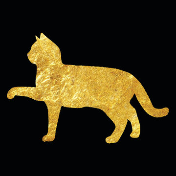Gold silhouette of cat on the black background