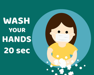 COVID-19 CRISIS: Wash your hand 20 sec. and always wear face mask for protect from virus concept, cartoon vector style for your design