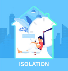 Fototapeta na wymiar Temporarily self isolation concept. All stay at home during Covid-19. Self-isolate from a pandemic. Communication in social networks and messengers during Quarantine. Vector flat illustration