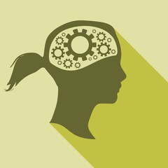 Silhouette of a woman head. Mental health concept. Gears icons in head as symbol of brainstorm or thinking