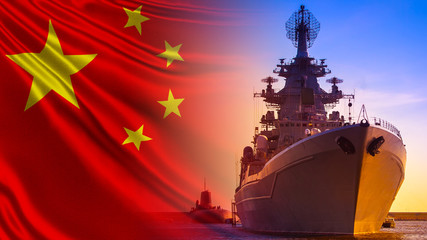Combat duty of Chinese ships. Ship and submarine on the background of the flag of China. The Chinese fleet. China's Navy. Equipping ships of the Chinese army. © Grispb