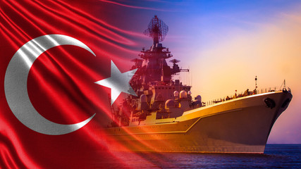 Warships of the world. Warship on the background of the Turkish flag. Battleship of the Turkish...