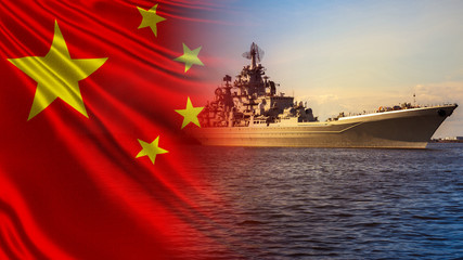 A large warship on the background of the flag of China. Naval forces of PRC. Protection of China's...