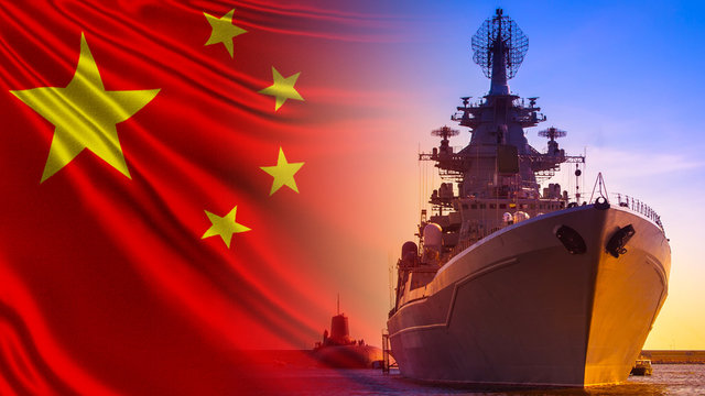 Combat duty of Chinese ships. Ship and submarine on the background of the flag of China. The Chinese fleet. China's Navy. Equipping ships of the Chinese army.