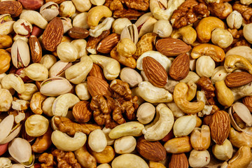 Background of mixed nuts (walnuts, pistachio, almond, peanut, cashew, hazelnut). Healthy eating concept