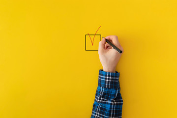 view from above fill the checkbox on the the table surface, make choise in document, give opinion