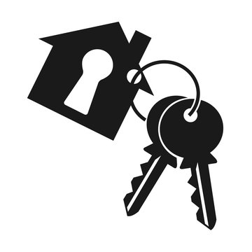 House with keyhole, two key and key ring. Keychain symbol, icon silhouette on white background.
