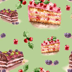 Seamless pattern. Watercolor illustration. Slices of chocolate cake and biscuit decorated with currants and blackberries