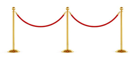 Golden pole with red rope barrier isolated on white background. Clipping path included. 3d illustration © simone_n