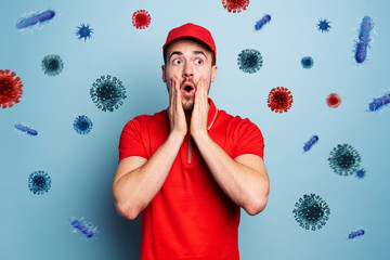 Courier is worried due viruses and bacteria in air. Concept of pandemic