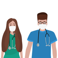 Fototapeta premium Young male and female doctors with stethoscope in a hospital. Cartoon flat, vector illustration