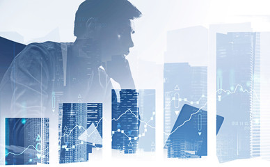 Pensive investor with notebook, bar chart in city