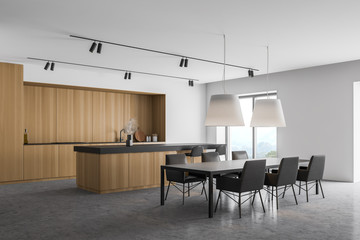 White and wood kitchen corner, bar and table