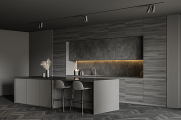 Minimalistic dark grey kitchen corner with bar
