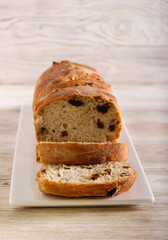 Raisin and walnut bread, sliced