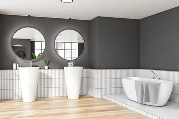 Fototapeta na wymiar White and gray bathroom corner double sink and tub