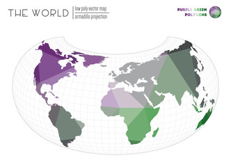 Low poly design of the world. Armadillo projection of the world. Purple Green colored polygons. Amazing vector illustration.