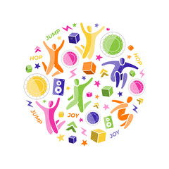 Set of elements: jumping people, top view trampoline, sound speaker, foam rubber 3d cubes, lightning, chevron stripe. Trampoline, amusement park concept. Bounce party decoration. Flat vector EPS 10