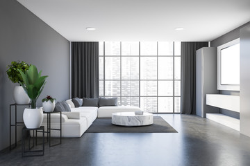 Gray living room with sofa and table