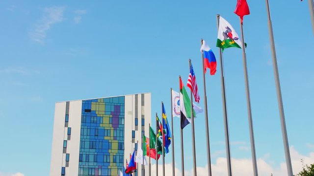 foreign country flags waved by wind on poles under blue sky