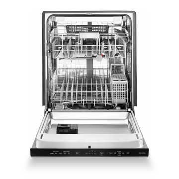 Open Dishwasher Isolated on White. Front View of Built-In Dishwasher Machine. Modern Stainless Steel Open Dishwasher Range. Kitchen Appliances. Domestic Appliances. Home Appliances. Clipping Path