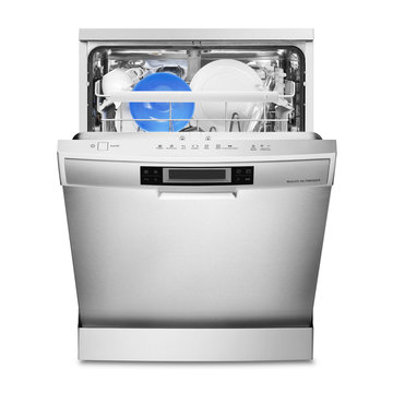 Open Dishwasher Isolated on White. Front View of Freestanding Dishwasher Machine. Modern Stainless Steel Dishwasher Range. Kitchen Appliances. Domestic Appliances. Home Appliances. Clipping Path