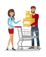 Wife and Husband Shopping Flat Vector Illustration. Buyer and Seller Cartoon Characters at Mall. Warehouse Employees Coworking. Store Assistant Helping Customer. Young Woman with Shop Cart