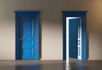 Two blue classic doors in empty room. 3d illustration.