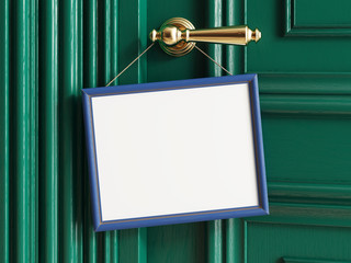 Green classic door with empty name board. Space for text. 3d illustration.