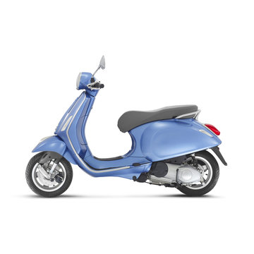 Blue Retro Scooter Isolated on White Background. Side View of Vintage Motor Scooter. Electric Scooter. Motorcycle with Step-Through Platform. Modern Personal Transport. 3D Rendering. Classic Scooter