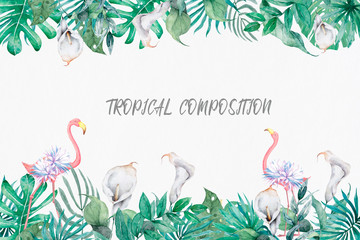 Hand drawn watercolor tropical banner. Exotic leaves illustrations horizontal frame, jungle tree, brazil trendy. Perfect for design.