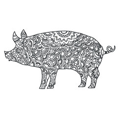 Vector boho pig for coloring book for both adult and children, T - Shirt graphic, poster and other decorations.
