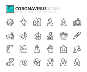 Simple set of outline icons about  Coronavirus prevention and symptoms. Health care.