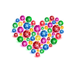 Colorful gems in the shape of heart on white background. Vector illustration.