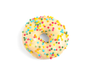 Sweet delicious glazed donut on white background, top view