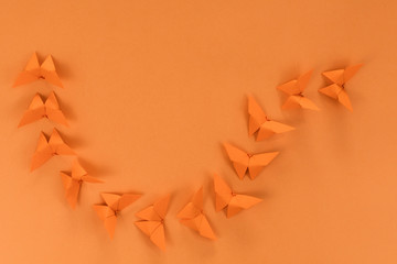 Orange origami butterfly, on orange background.