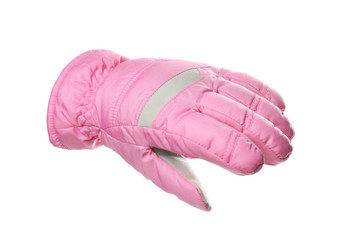 Woman wearing pink ski glove on white background, closeup. Winter sports clothes