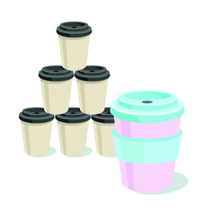 coffee cups paper pyramid against reusable cup cafe icon one use take away symbol isolated on white background