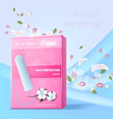 Ultra Soft with Maximum Protection Tampon in Pink Pack on Blue Backdrop and Floating Floral Petals, Leaves and Feathers. Realistic Vector Feminine Product Design 3d Illustration. Promotion Banner