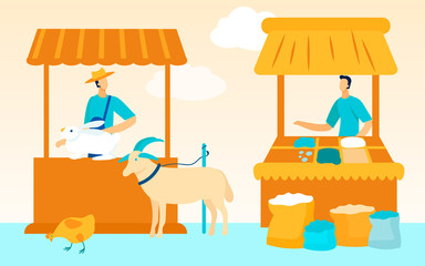Farmers Market Farmers Sell Products. Vector Illustration. Natural Farm Products. Farm Business. Working in Market. Sell Products in Market. Man Behind Counter. Men Sell Cereals and Cattle.