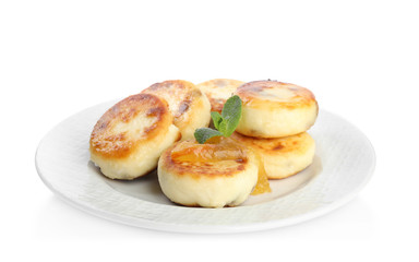 Delicious cottage cheese pancakes with mint isolated on white
